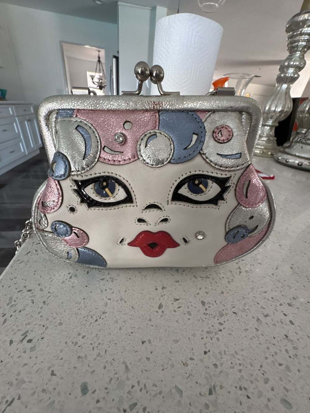 Brighton Vintage Retired Face Design Metallic Kisslock Frame Handbag